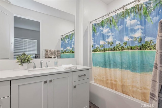 bathroom featuring vanity and shower / tub combo with curtain