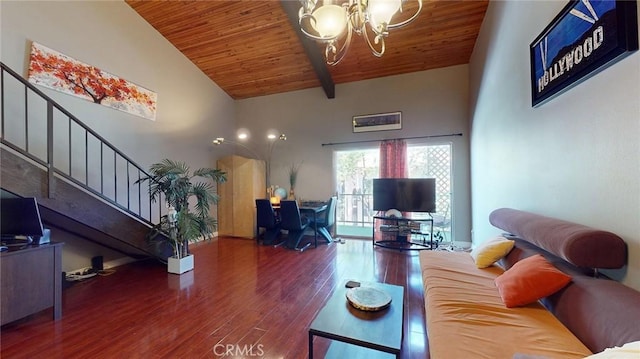 living room with a notable chandelier, wood ceiling, high vaulted ceiling, and dark hardwood / wood-style floors