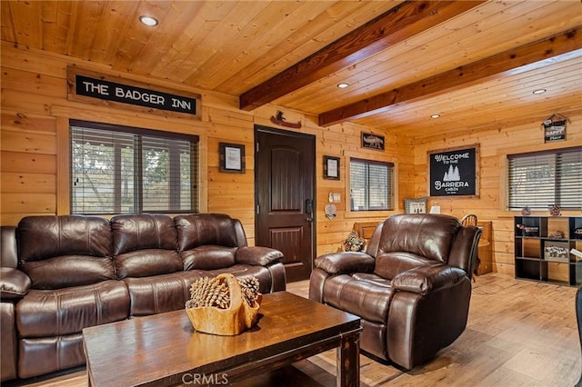 living room with wood ceiling, wood finished floors, wood walls, beamed ceiling, and recessed lighting