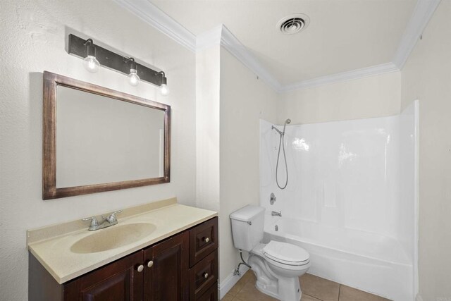 full bathroom with bathing tub / shower combination, visible vents, toilet, ornamental molding, and tile patterned flooring