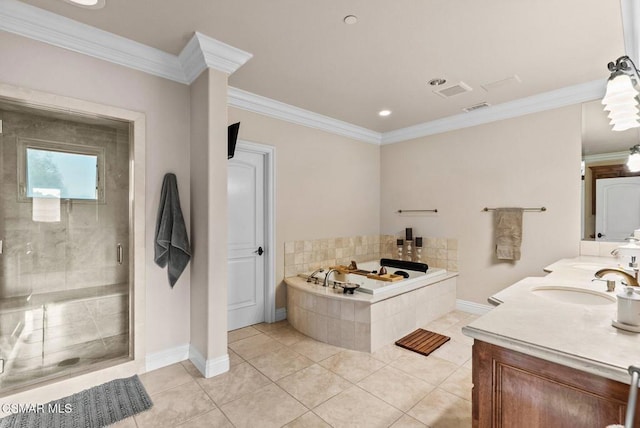 bathroom with crown molding, tile patterned floors, vanity, and plus walk in shower