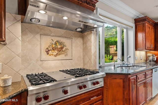 kitchen featuring sink, ventilation hood, dark stone counters, ornamental molding, and stainless steel appliances