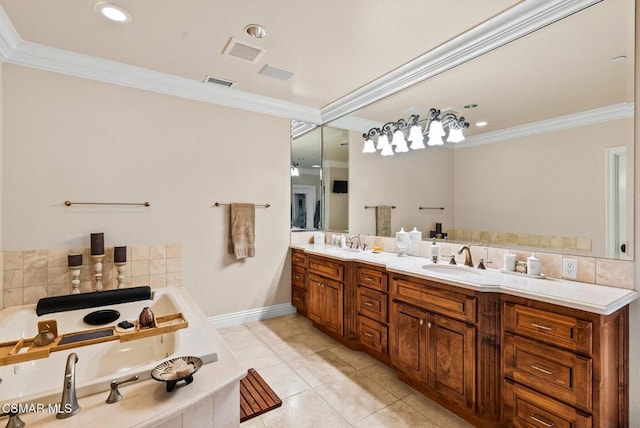 bathroom with a relaxing tiled tub, ornamental molding, tile patterned flooring, and vanity