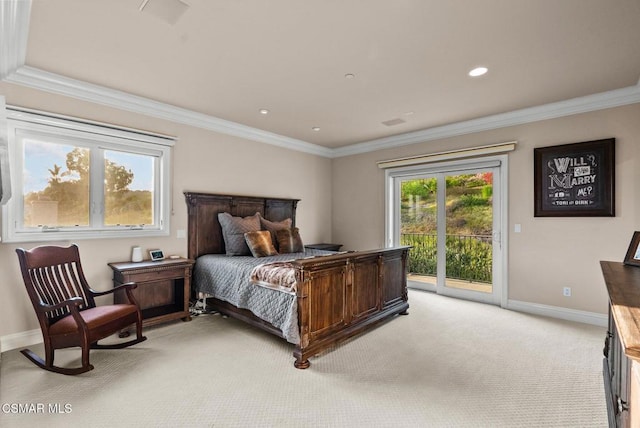 bedroom featuring crown molding, light carpet, and access to outside