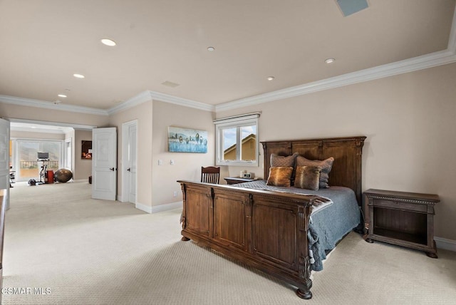 bedroom featuring crown molding and light colored carpet