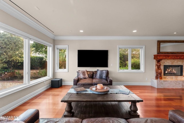 living room with a premium fireplace, crown molding, and light wood-type flooring