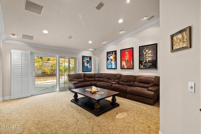 living room featuring ornamental molding, carpet, and lofted ceiling