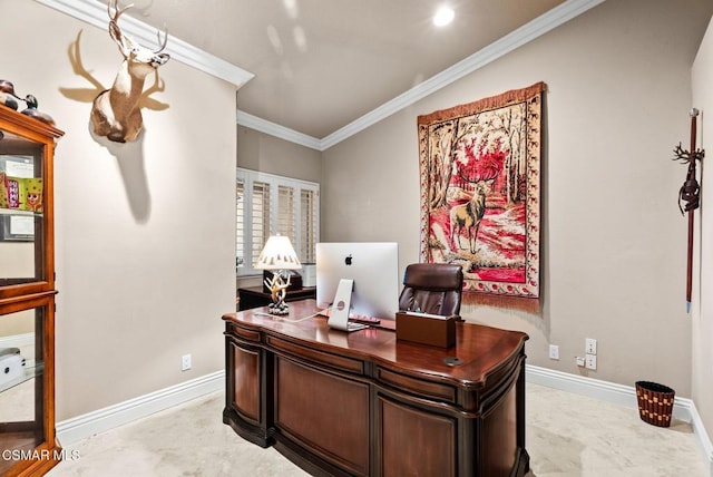 home office with ornamental molding