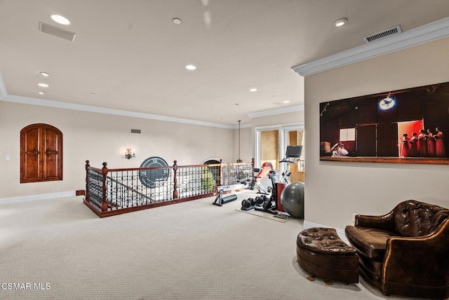 exercise area featuring crown molding and light carpet