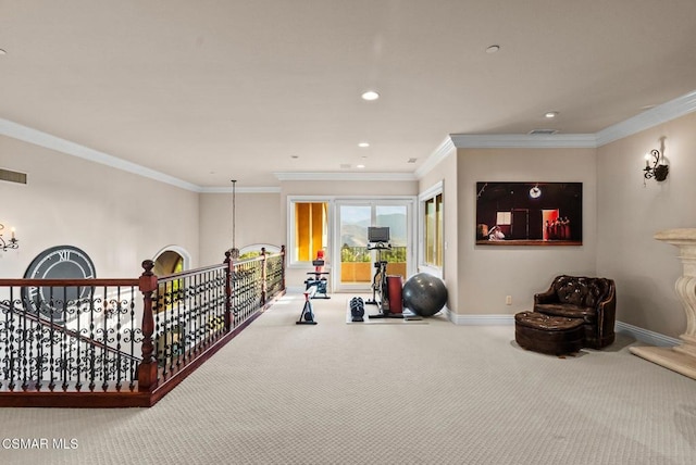 interior space featuring crown molding and carpet flooring