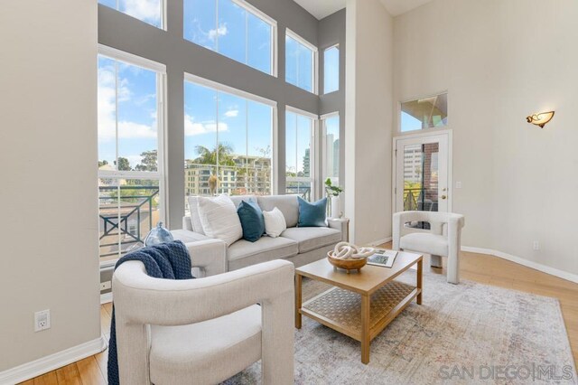 living room featuring plenty of natural light, light hardwood / wood-style flooring, and a high ceiling