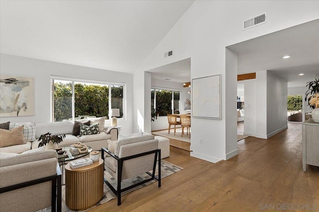 living room with wood-type flooring and high vaulted ceiling