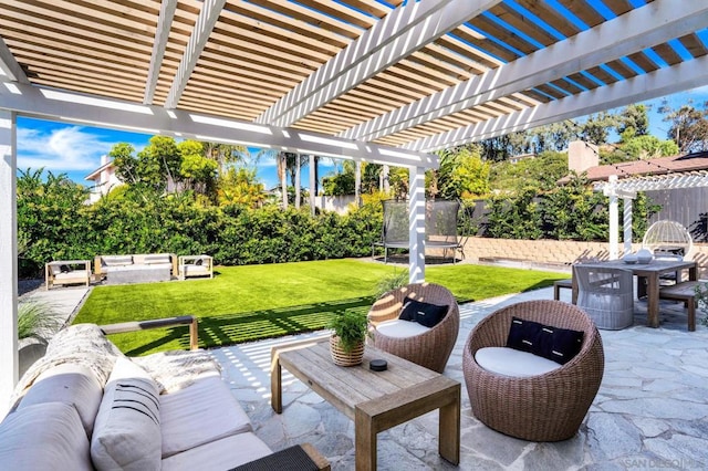 view of patio with an outdoor living space, a trampoline, and a pergola