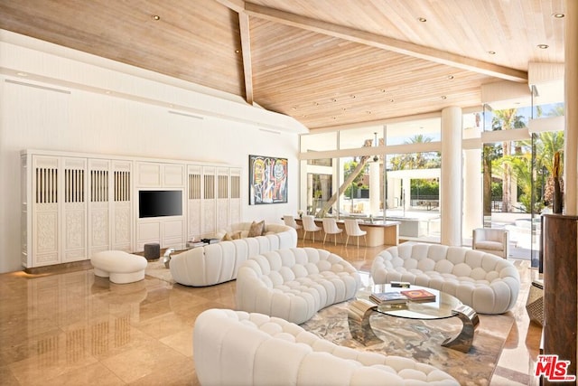 living room with beam ceiling, high vaulted ceiling, and wooden ceiling