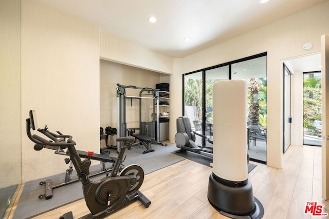 workout room with light hardwood / wood-style flooring