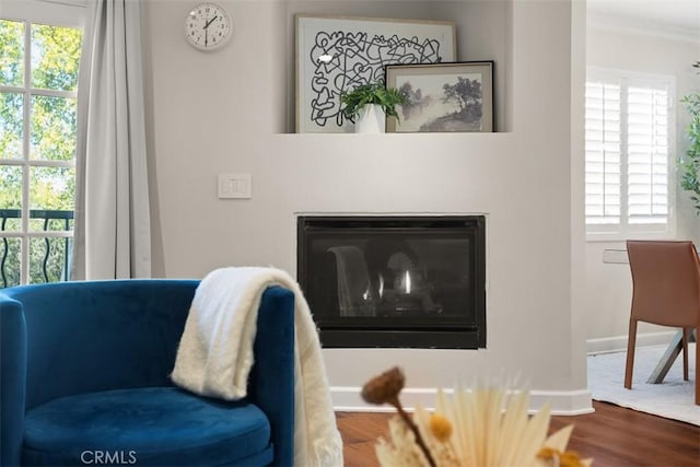 sitting room with wood-type flooring and ornamental molding