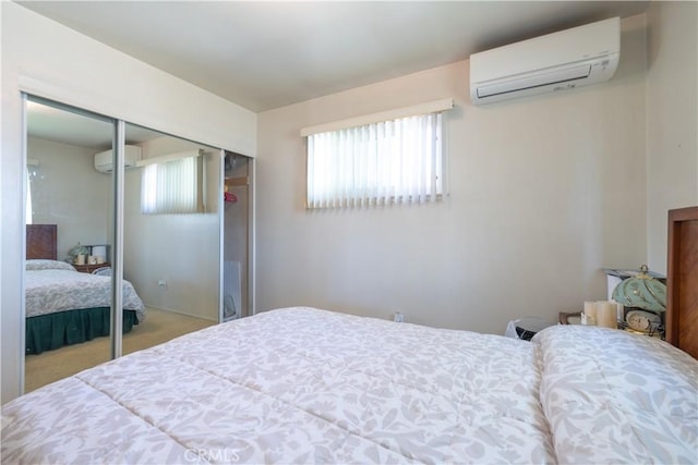 bedroom featuring multiple windows, carpet, and a wall mounted air conditioner