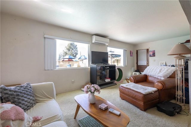 living room featuring light carpet and a wall unit AC