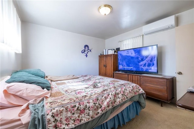 bedroom featuring light colored carpet and a wall mounted AC