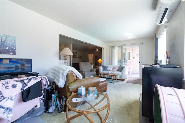 carpeted living room with a wall mounted AC