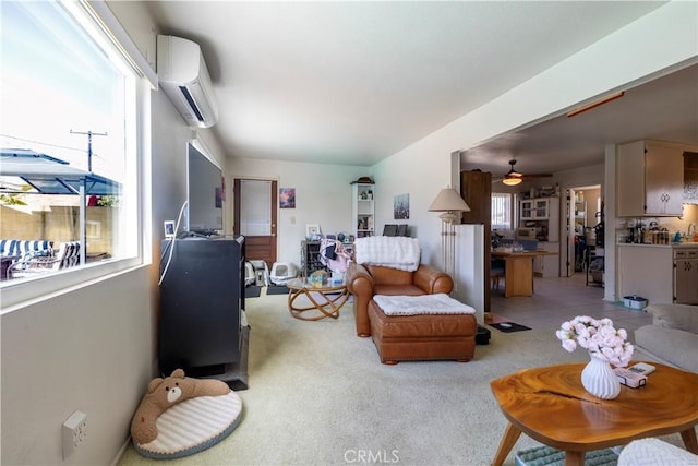 carpeted living room with a wall mounted air conditioner