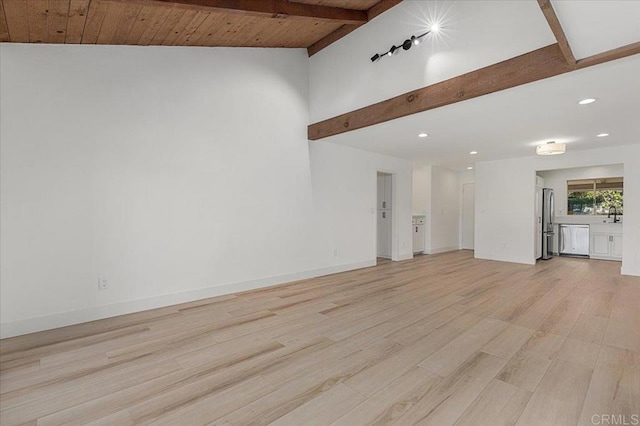 unfurnished living room with sink, light hardwood / wood-style flooring, beam ceiling, high vaulted ceiling, and wooden ceiling