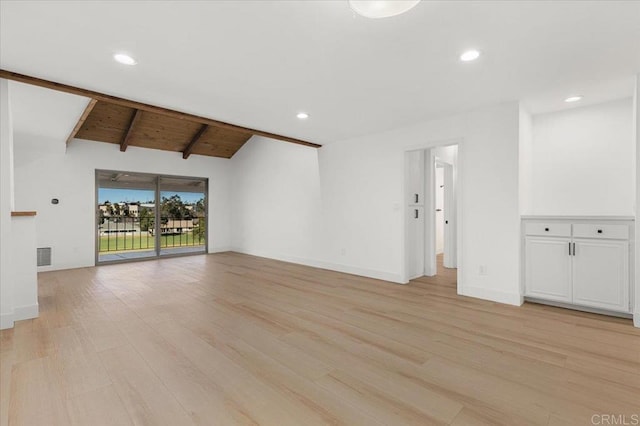 unfurnished living room with wooden ceiling, light hardwood / wood-style flooring, and vaulted ceiling with beams