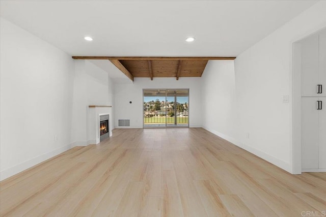 unfurnished living room featuring lofted ceiling with beams, light hardwood / wood-style flooring, and wooden ceiling