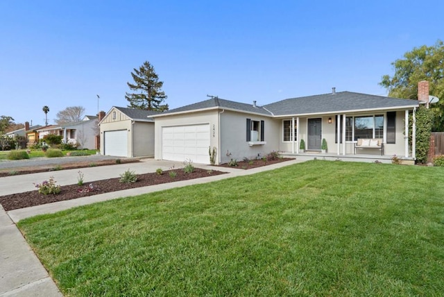 ranch-style house with a garage, a front lawn, and a porch