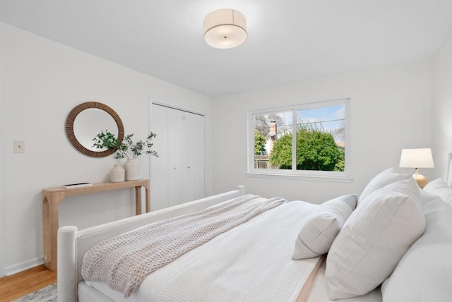 bedroom with wood-type flooring and a closet