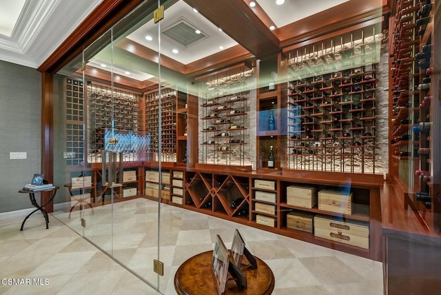 wine room with crown molding and tile patterned floors