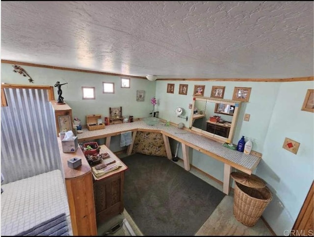 office space featuring carpet floors and a textured ceiling