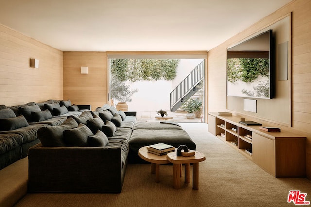 carpeted home theater room with wooden walls