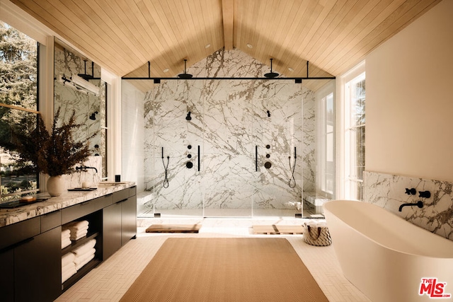 bathroom featuring independent shower and bath, vaulted ceiling, tile walls, and wooden ceiling