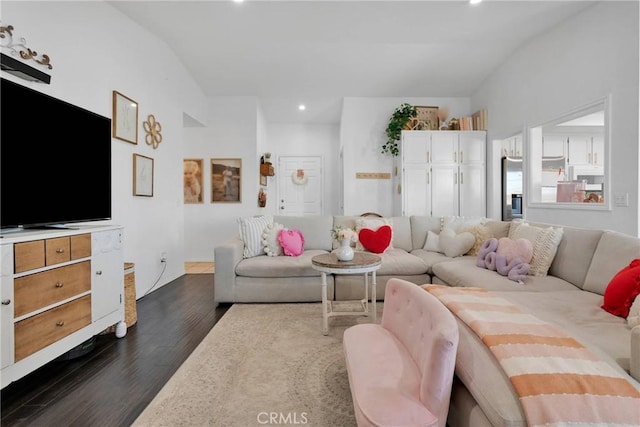 living room with dark hardwood / wood-style flooring