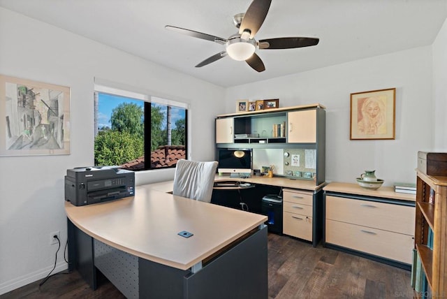 home office featuring dark hardwood / wood-style flooring and ceiling fan