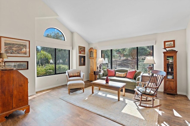 living room with high vaulted ceiling and light wood-type flooring