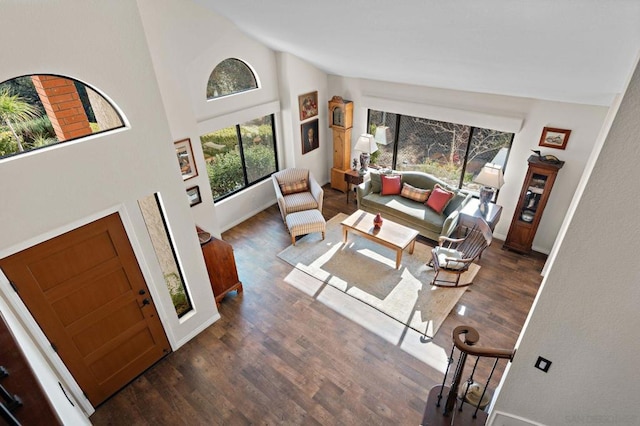 living room featuring dark wood-type flooring and high vaulted ceiling