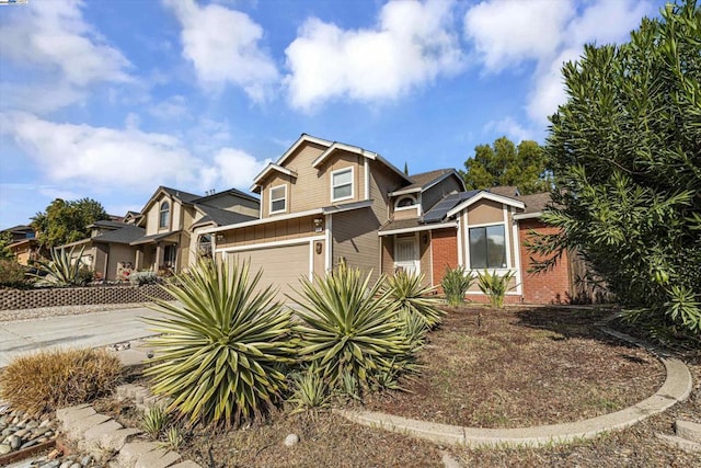 craftsman-style home with a garage and solar panels