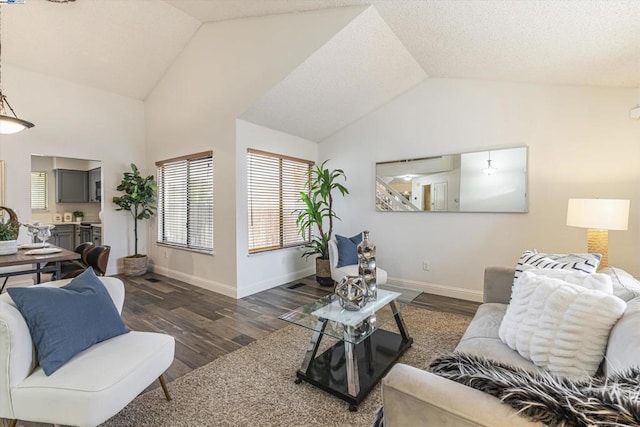 living room featuring lofted ceiling and dark hardwood / wood-style flooring