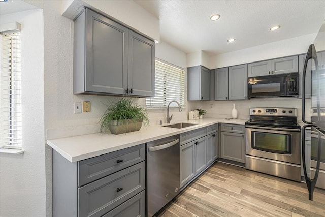 kitchen with appliances with stainless steel finishes, sink, light hardwood / wood-style flooring, and gray cabinetry