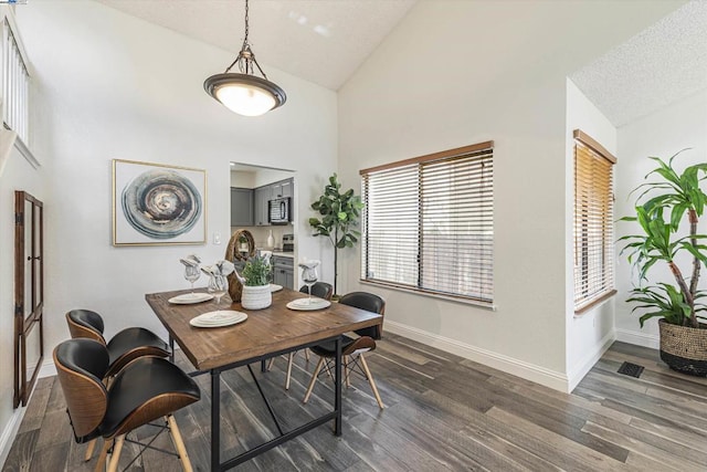 dining room with high vaulted ceiling, a textured ceiling, and dark hardwood / wood-style flooring