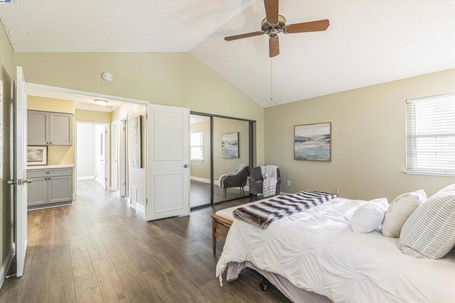 bedroom featuring dark wood-type flooring, vaulted ceiling, a textured ceiling, a closet, and ceiling fan