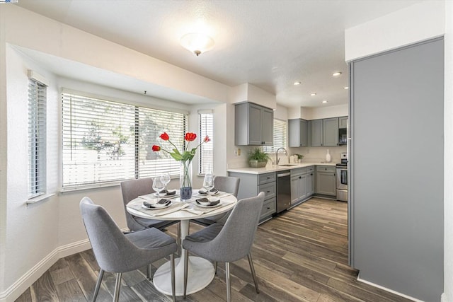 dining space featuring dark hardwood / wood-style floors and sink