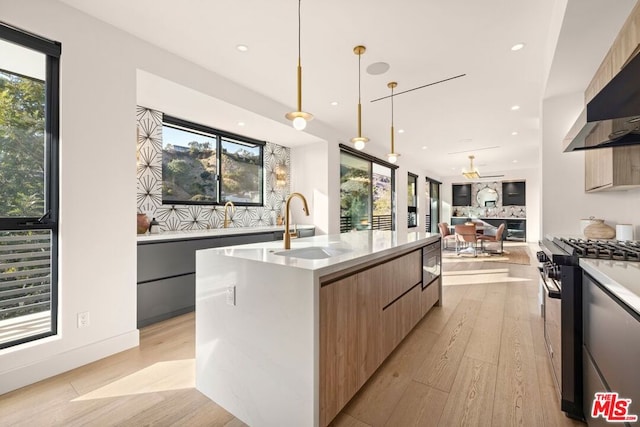 kitchen featuring sink, decorative light fixtures, light hardwood / wood-style flooring, a large island with sink, and appliances with stainless steel finishes