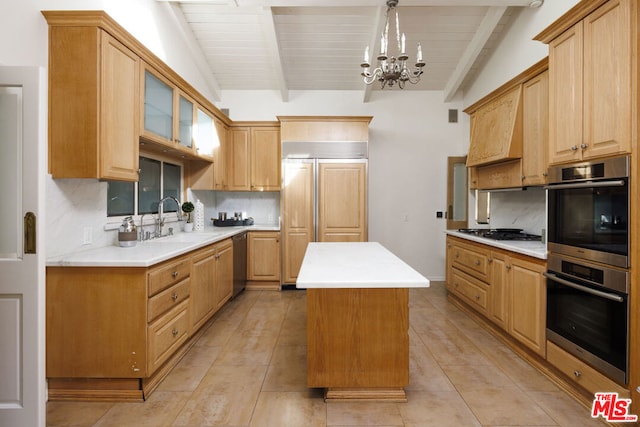 kitchen with sink, tasteful backsplash, a center island, hanging light fixtures, and stainless steel appliances