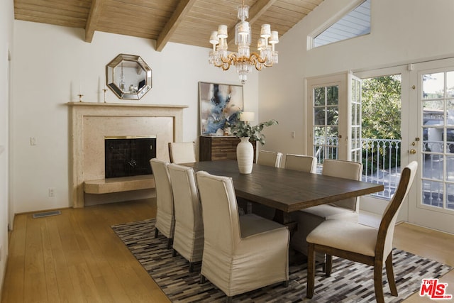 dining area with vaulted ceiling with beams, an inviting chandelier, wooden ceiling, a premium fireplace, and hardwood / wood-style floors