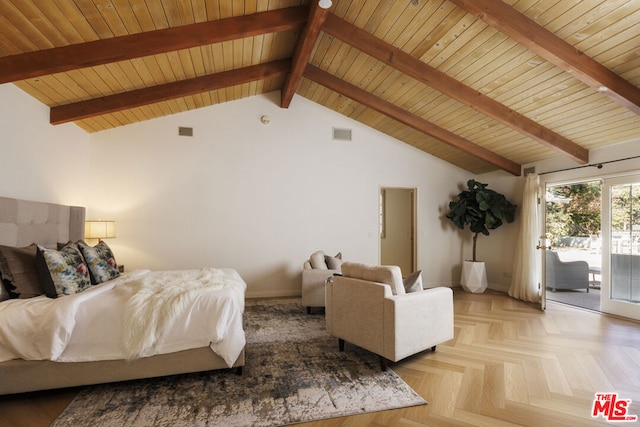 bedroom featuring light parquet floors, vaulted ceiling with beams, and access to exterior