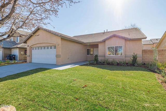 single story home with a garage and a front lawn