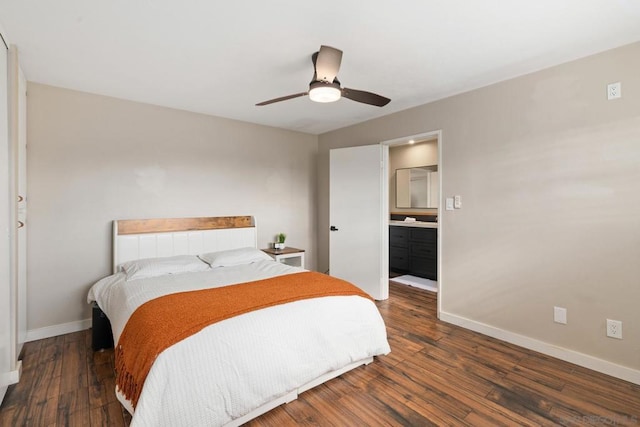 bedroom with dark hardwood / wood-style floors and ceiling fan